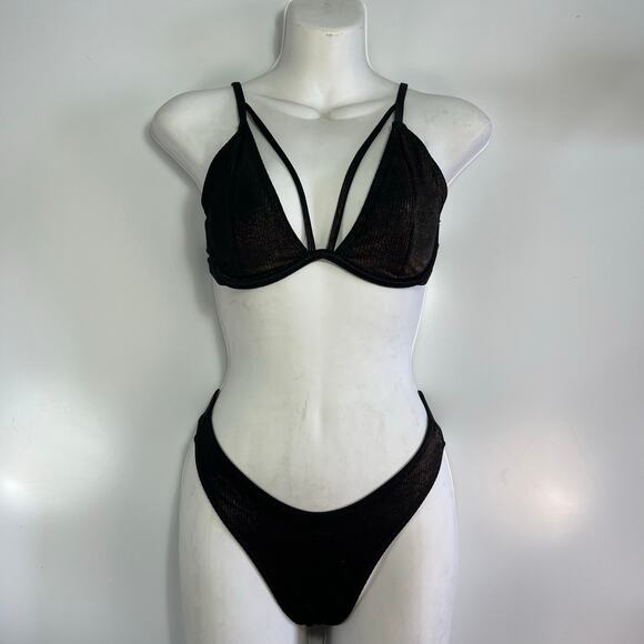 EXPRESS Small Ribbed Bikini Bronze Metallic Shiny Black Copper Underwire‎ Cheeky - Picture 4 of 9